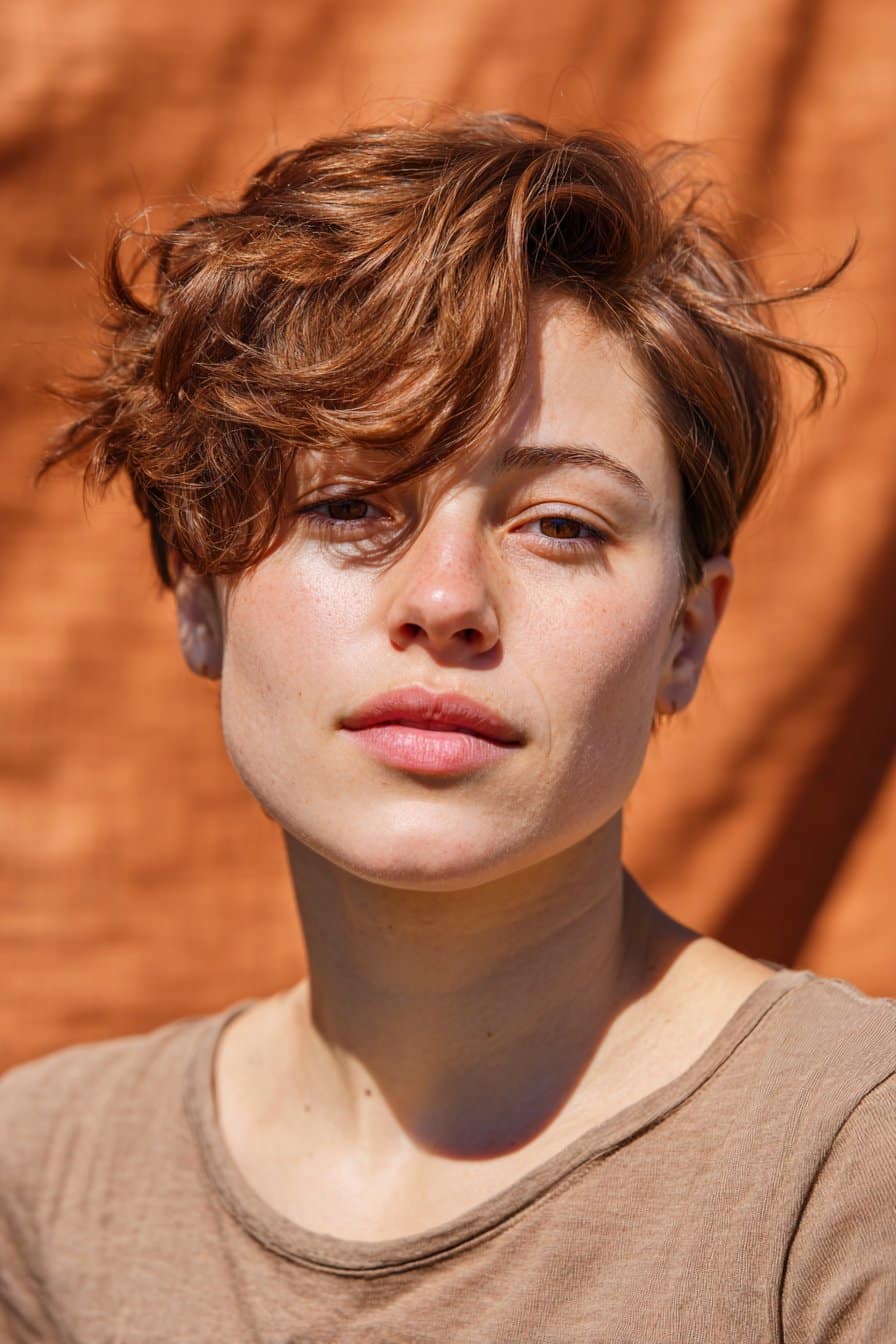 A muted auburn micro shag with short, airy layers and a textured finish. The warm auburn tone enhances the shaggy, choppy pieces, creating a lived-in, lightweight look.
