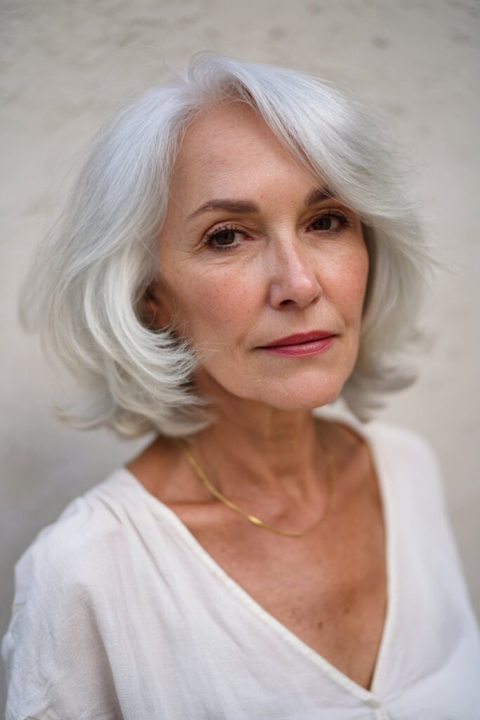 An older woman with a neck-length shag haircut, flaunting tousled, choppy ends and relaxed layers; natural daylight highlights the hairstyle’s airy texture.