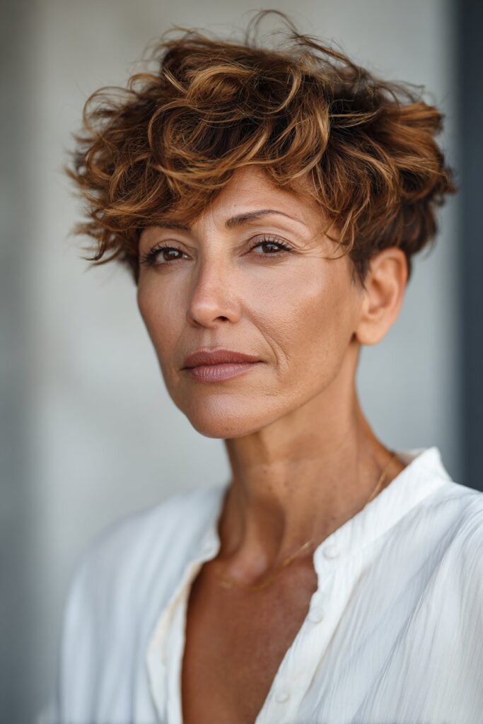 A woman over 40 showcasing a short piecey crop accented with chestnut highlights, featuring defined layered pieces and a modern textured finish.