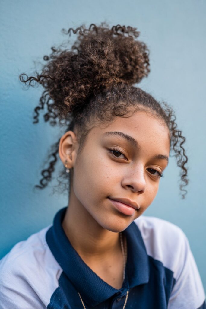 American woman with 4C curls pinned up into a frohawk, wearing a turtleneck sweater in a modern school library, creating an edgy yet school-appropriate hairstyle.