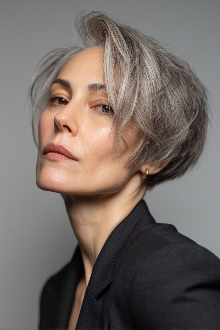 A close-up photo of an elegant American woman over 40 with a pixie-bob hybrid hairstyle, featuring realistic hair texture under soft natural lighting, subtle makeup, warm skin tone, confident expression, fully clothed in a chic outfit, in an Instagram-style beauty shot.