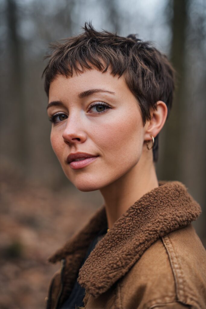 A pixie-inspired short bob choppy haircut combining cropped layers with a fuller bob silhouette. The choppy pieces add structure, movement, and a modern edgy twist to the pixie-bob hybrid style.
