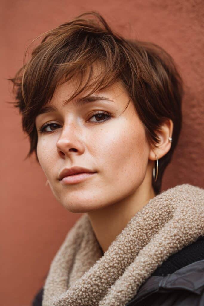A stunning young woman in her 20s with natural skin tone, showcasing a Winter Hairstyle For Medium Length Hair featuring a pixie with side part, with medium-length pixie cut with deep side part and textured layers, captured in a close-up shot focusing on the hair, photographed against a seamless warm plum backdrop with a satin finish. She has subtle makeup, a chic winter outfit, realistic hair texture, warm skin tone, and a confident expression, captured with soft natural lighting and an Instagram-style beauty vibe.