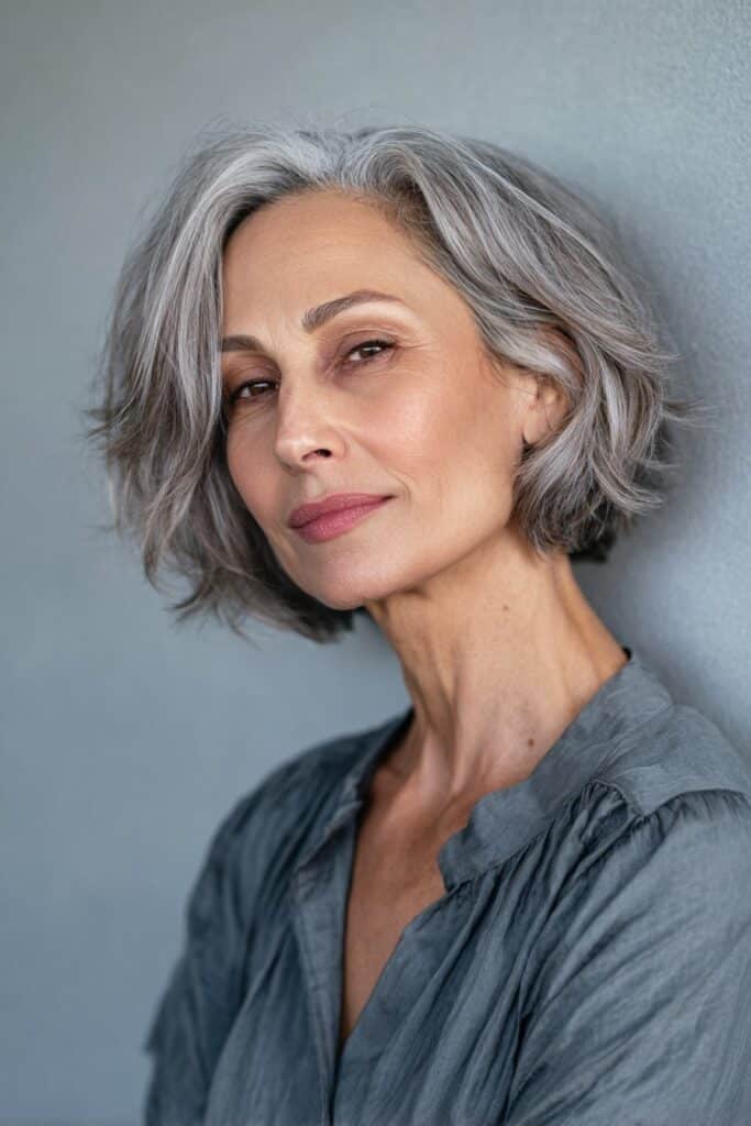 A woman over 40 with a razor-cut bob showcasing silver-ash dimensional tones, captured with crisp lighting to emphasize the textured edges.