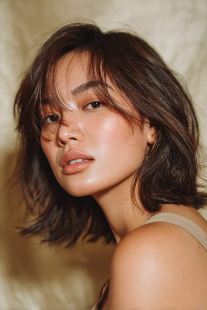 A confident American woman in her 20s with razor-cut medium layers, featuring sharp, feathered texture and modern edge, styled under soft light with a light gold glossy backdrop.