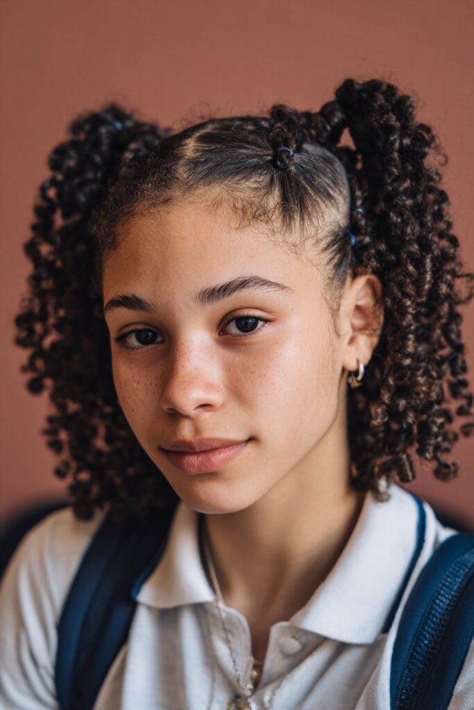 American woman with 4C curls styled in a rubber band crisscross pattern at the front, full curls at the back, wearing a checkered shirt, smiling near a classroom window.