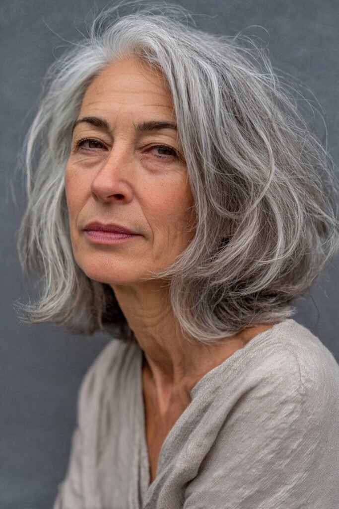 An older woman with a salt-and-pepper long shag haircut full of textured layers, shot against a clean seamless backdrop.