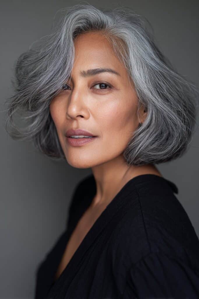 A close-up photo of an elegant American woman over 40 with a sculpted salt-and-pepper bob hairstyle, featuring realistic hair texture under soft natural lighting, subtle makeup, warm skin tone, confident expression, fully clothed in a chic outfit, in an Instagram-style beauty shot.