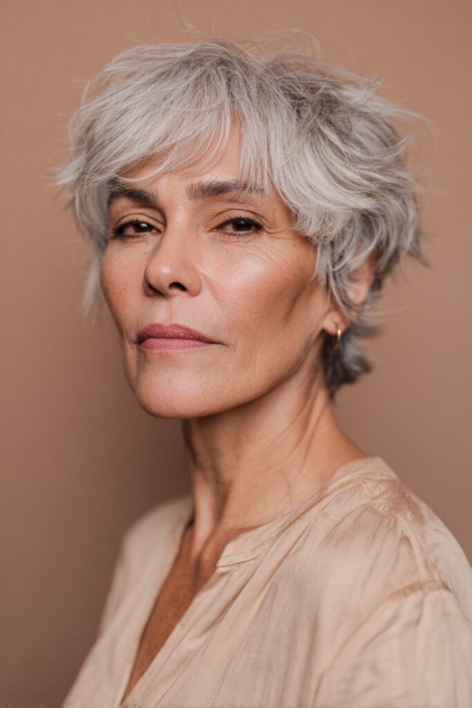 A mature woman showcasing a shaggy bixie haircut that blends bob and pixie lengths. The choppy layers create soft volume around the crown, giving the hairstyle a youthful, textured look suitable for older women.