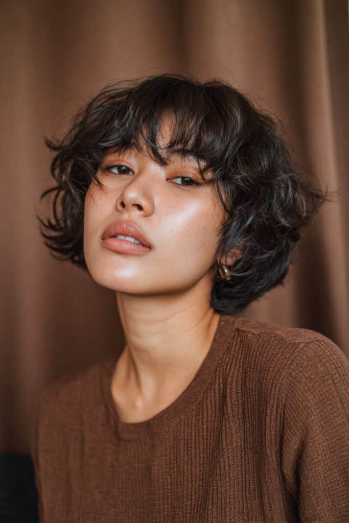 A short shaggy bob haircut combined with tiny baby bangs across the forehead. The messy, choppy layers give the bob a playful, edgy appearance while maintaining a soft framing around the face.