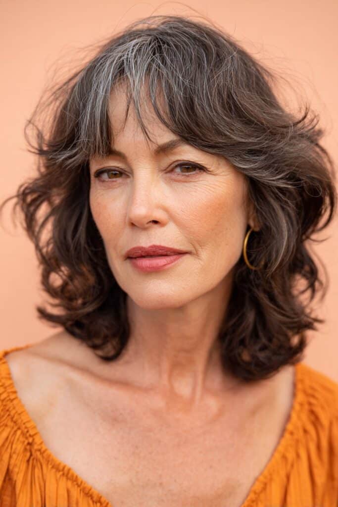 A fashionable American woman over 60 wearing a shaggy layered haircut with curtain bangs, giving a relaxed retro vibe, posed in front of a light coral smooth backdrop.