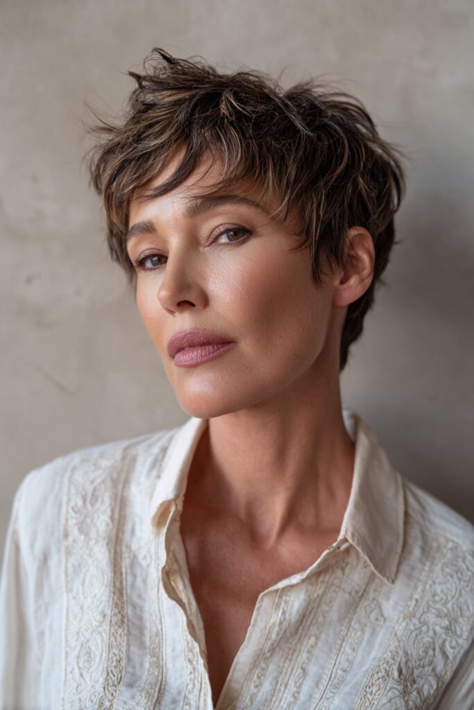 A stylish older woman over 50 with fine dark brown hair and blonde highlights, wearing a full-sleeve embroidered shirt, showcasing a shaggy pixie mullet hairstyle against a textured plaster backdrop.