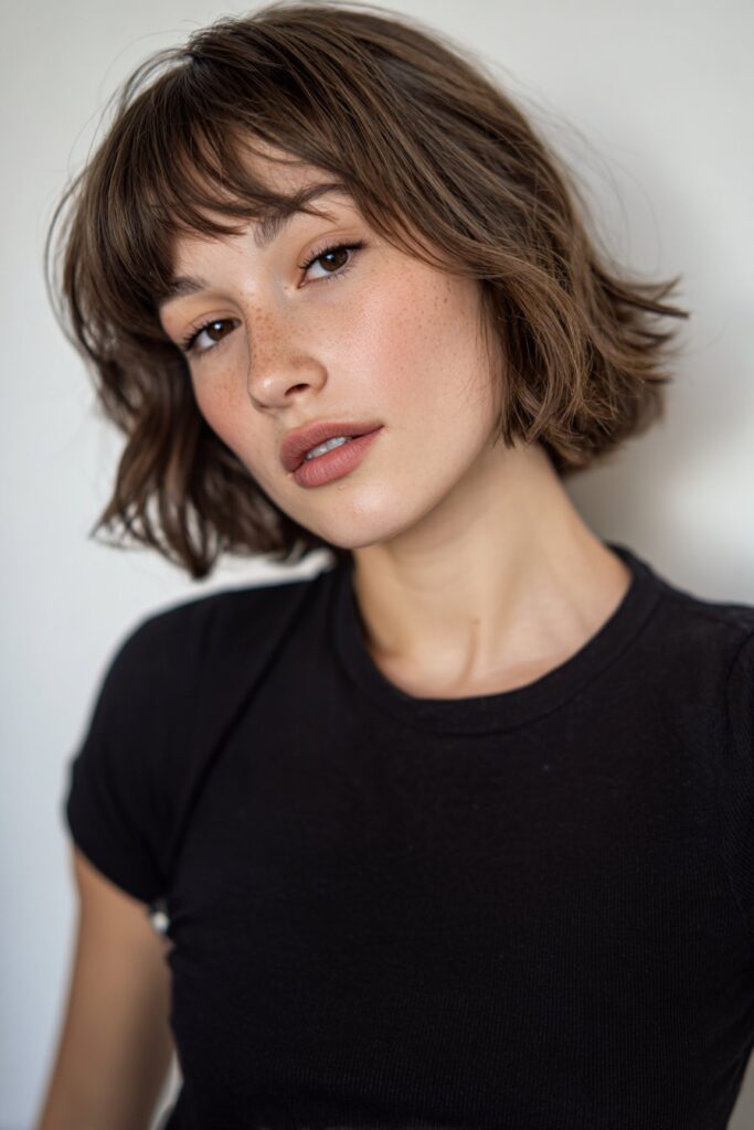 Young woman with a short choppy crop and blunt bangs, playful textured styling, fresh-faced look, seamless white backdrop.