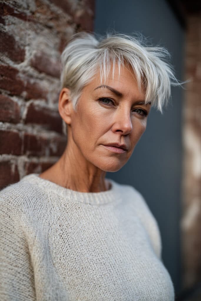 An elegant older woman over 50 with fine platinum-silver hair in a short razored shag with wispy bangs, wearing a knit full-sleeve sweater, photographed in front of an urban brick wall.