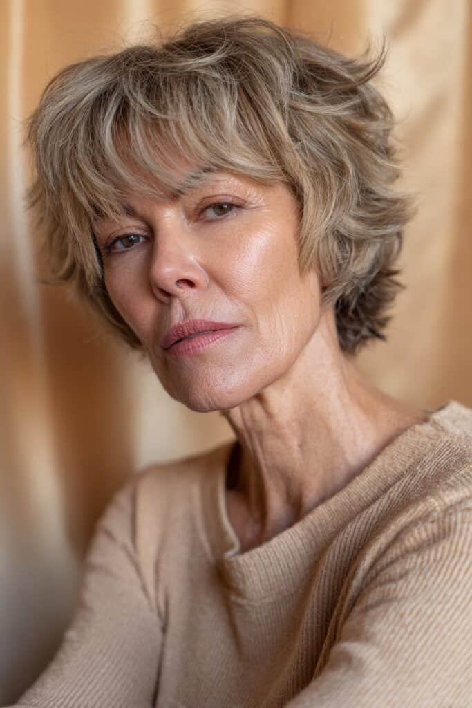A senior woman with a short shag haircut and feathered choppy bangs, adding softness and volume; natural lighting highlights the layered shape.