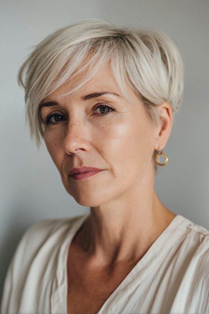 A woman over 40 styled with a short shag haircut and cool-tone blonde tips, photographed to highlight the soft choppy layers and structured shape.