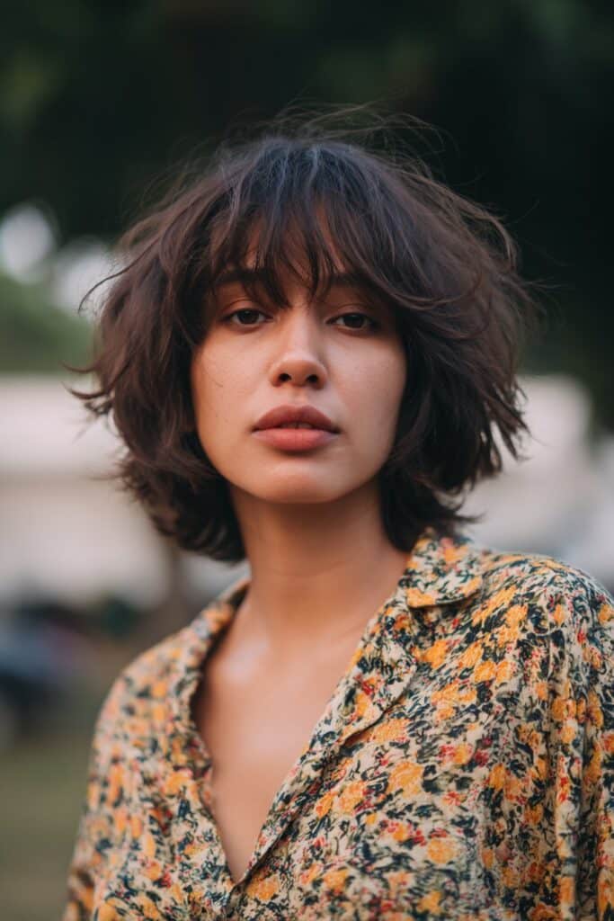 A short shaggy bob choppy haircut featuring messy, uneven layers for a lived-in, carefree style. The choppy structure adds natural lift and creates a tousled, soft frame around the face.