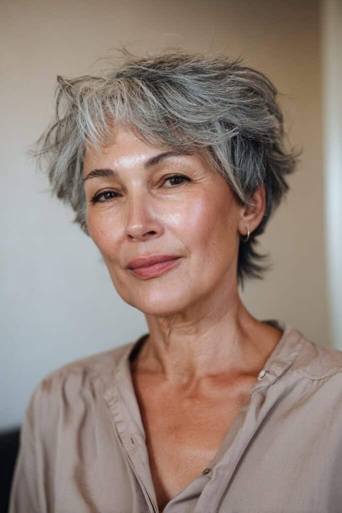 A woman over 60 with a short shaggy pixie haircut, featuring uneven choppy layers and a playful, airy texture; clear portrait-focused lighting.