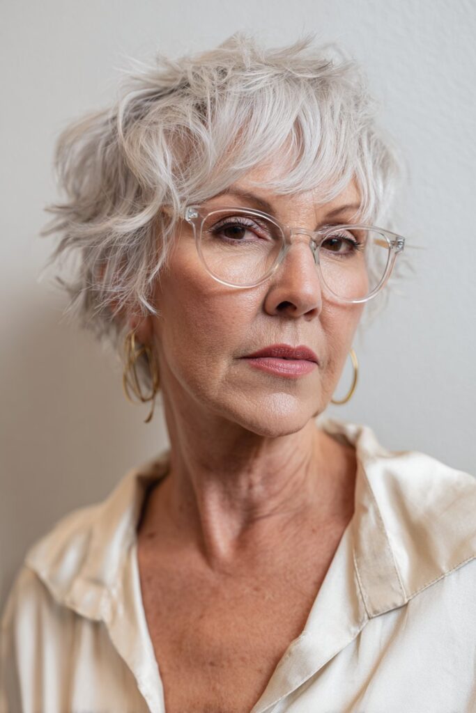 A senior woman with glasses wearing a short white shag haircut, featuring messy choppy layers and soft volume around the crown; bright indoor lighting enhances the texture.
