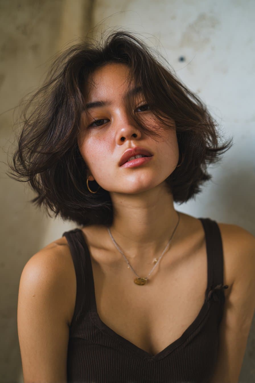 A shoulder-length lob (long bob) choppy haircut with airy textured ends and soft movement. Though slightly longer than a classic short bob, the choppy detailing maintains the signature modern bob feel.
