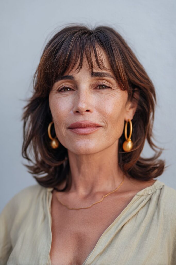 A vibrant elegant woman over 40 with a mature appearance, showcasing a Medium Length Hairstyle For Over 40 with a shoulder-length cut with curtain bangs, featuring shoulder-length cut with soft curtain bangs and subtle layers, captured in a close-up shot focusing on the hair, photographed against a seamless pale sage backdrop with a smooth texture. She has subtle makeup with visible aging grace, a chic outfit, realistic hair texture with natural highlights, warm skin tone, and a confident smile, captured with soft natural lighting and an Instagram-style beauty vibe.