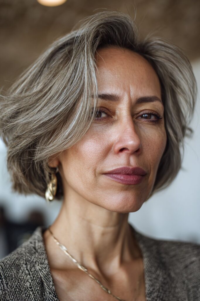 A close-up photo of an elegant American woman over 40 with a side-parted bob with highlights hairstyle, featuring realistic hair texture under soft natural lighting, subtle makeup, warm skin tone, confident expression, fully clothed in a chic outfit, in an Instagram-style beauty shot.