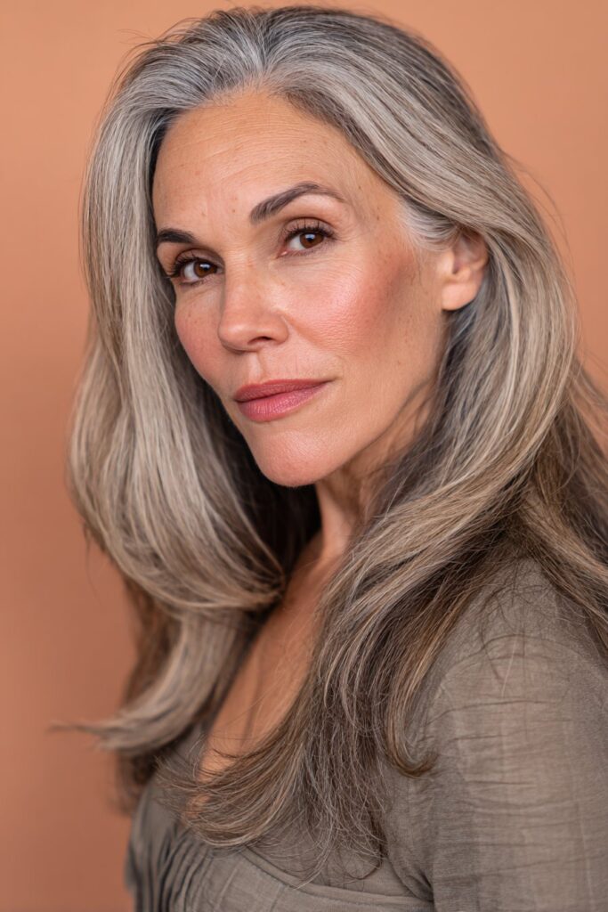 A vibrant American female model over 60 with a mature appearance, showcasing a Medium Length Layered Haircut For Women Over 60 with a side-parted layered cut, featuring medium-length layered cut with a side part, captured in a close-up shot focusing on the hair, photographed against a seamless warm peach backdrop with a matte finish. She has subtle makeup with visible aging signs, an elegant outfit, realistic hair texture with silver strands, warm skin tone, and a friendly expression, captured with soft natural lighting and an Instagram-style beauty vibe.