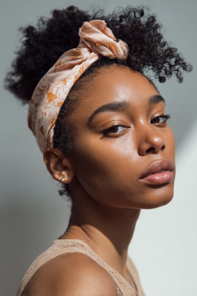 A close-up photo of a young elegant Black American woman with a voluminous side poof and backward headband, featuring realistic poof texture under soft natural lighting, subtle makeup, warm skin tone, confident expression, fully clothed in a chic outfit, in an Instagram-style beauty shot – headband hairstyles black women series.