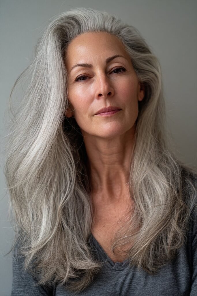 A mature woman with long silver feathered shag layers, soft movement, and natural flow, photographed against a seamless neutral backdrop.