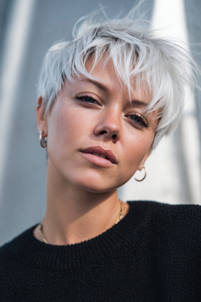 A silver pixie shag with soft feathered layers that lighten the overall shape. The choppy, airy pieces add movement and give the metallic silver tone a bright, dimensional look.
