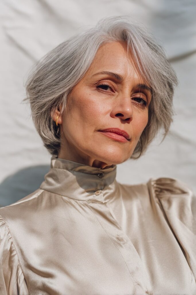 A gorgeous older woman over 50 with fine silver-gray hair styled in a pixie shag with feathered layers, wearing a full-sleeve silk blouse, photographed in bright natural light against a seamless white backdrop.