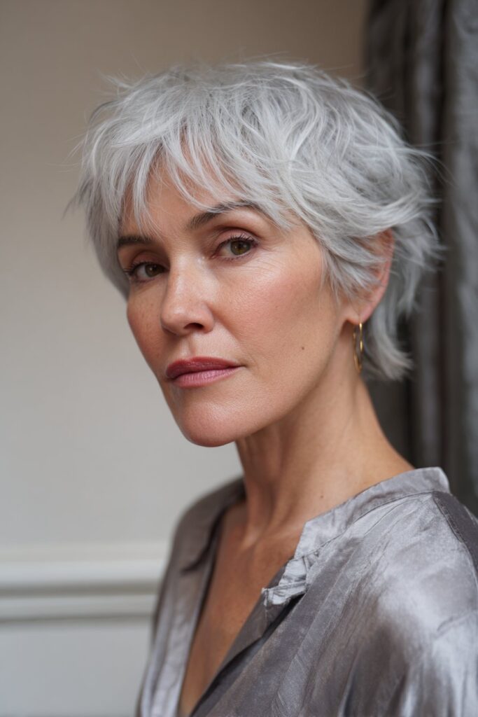 A woman over 60 with a silver shaggy pixie, showing defined choppy layers and textured dimension; captured in a clean, well-lit setting.