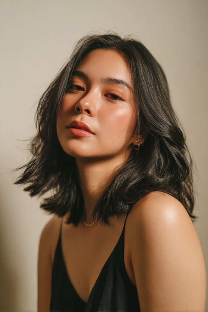 A close-up photo of a young elegant American woman with a sleek angled bob with deep side part hairstyle, featuring realistic hair texture under soft natural lighting, subtle makeup, warm skin tone, confident expression, fully clothed in a chic outfit, in an Instagram-style beauty shot.