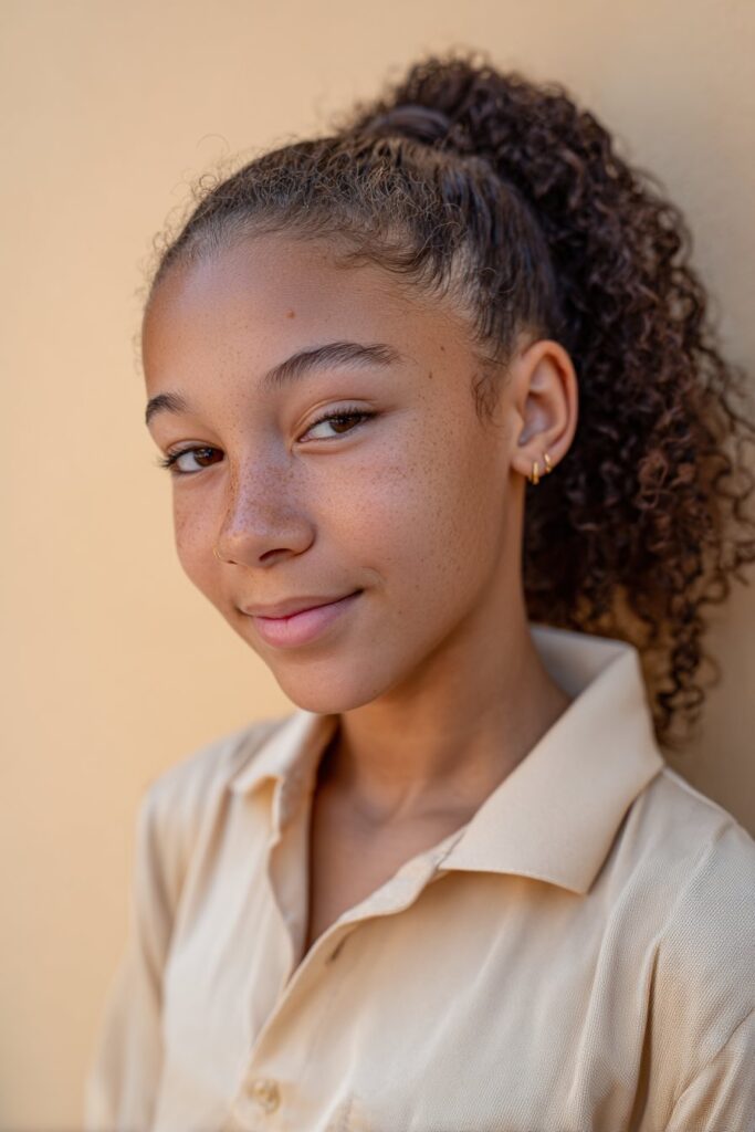 American woman with 4C curls neatly styled into a sleek low bun, wearing a full-collar denim jacket in a library setting, showing an elegant and tidy school hairstyle for curly hair.