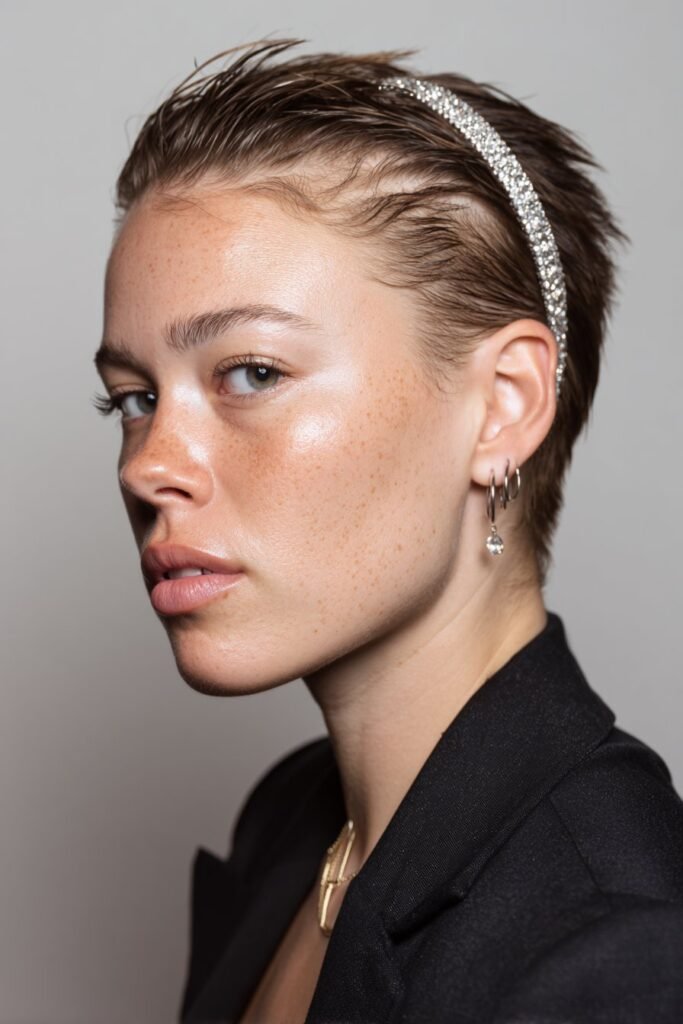 Edgy slicked-back pixie sparkling with a crystal-embellished headband – Headband Hairstyles series.