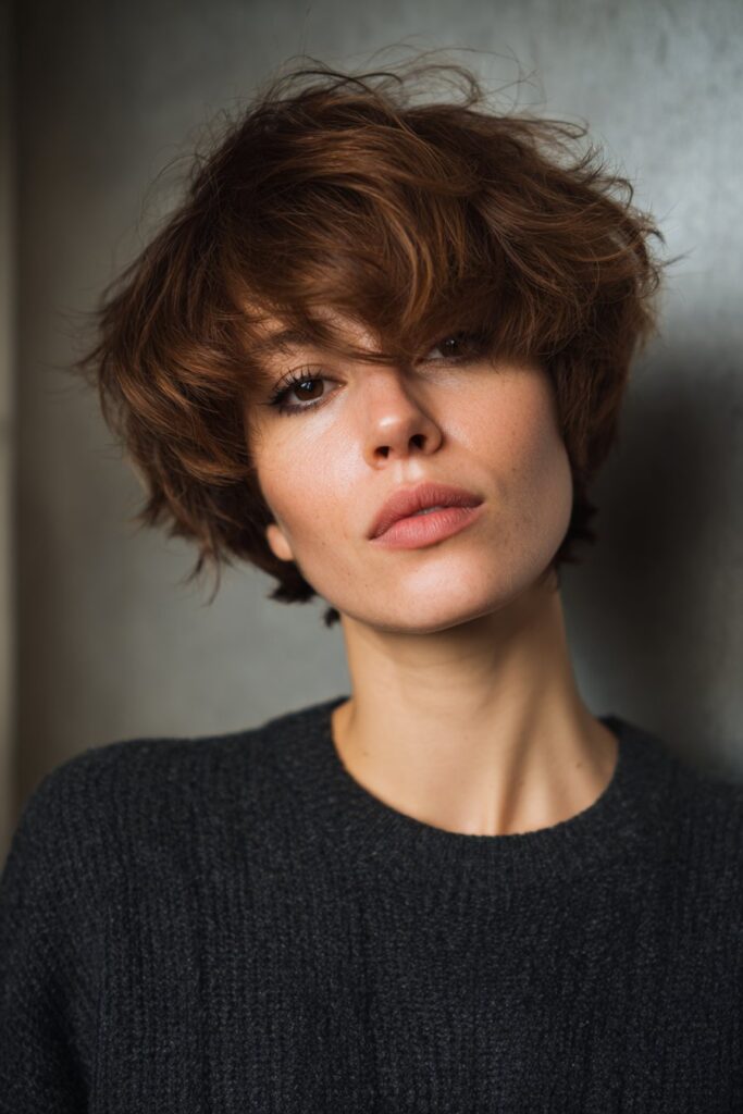 A smoky-toned shag pixie haircut with feathered, choppy layers throughout the top and sides. The hairstyle blends short pixie structure with soft shag texture, creating an edgy silhouette with movement around the crown.