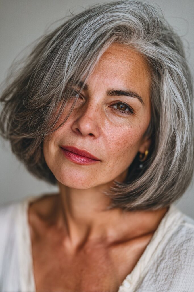 An elegant American woman over 60 with a chin-length feathered bob, light layers adding movement and texture, posing in gentle lighting with a pearl-toned glossy background.