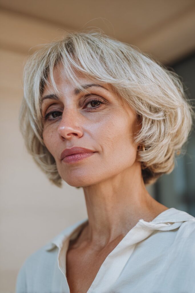 A woman over 40 sporting a soft layered crop with gentle movement and light texture, captured in a clean minimal studio setting.