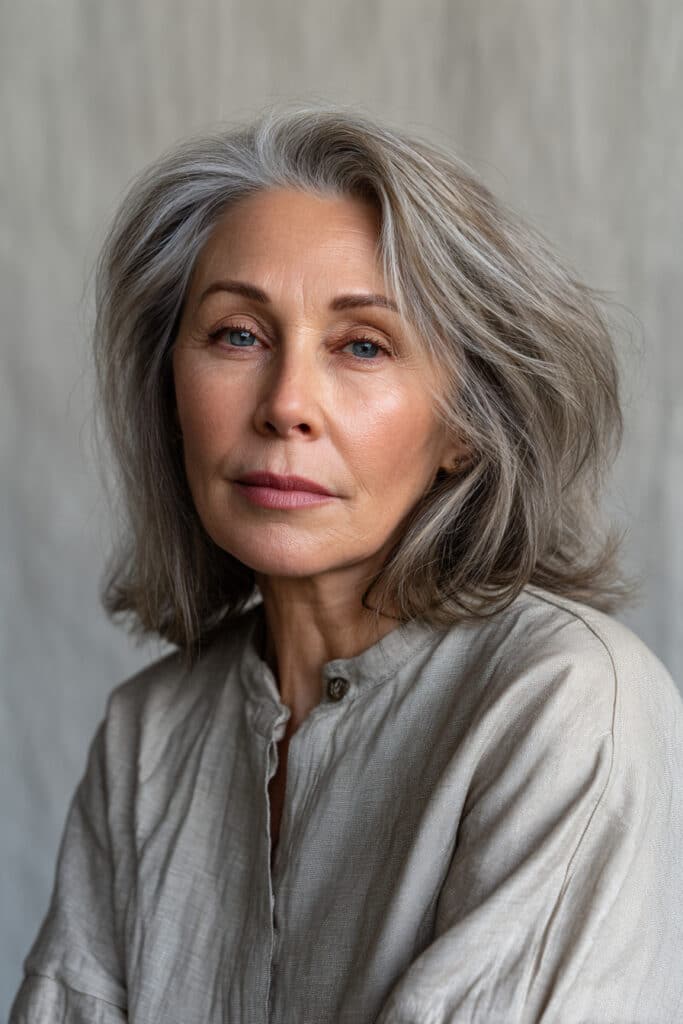 A refined older woman over 50 with fine light-gray hair styled in a soft shag with long layers, wearing a full-sleeve linen blouse, captured in soft natural light against a gray fabric background.