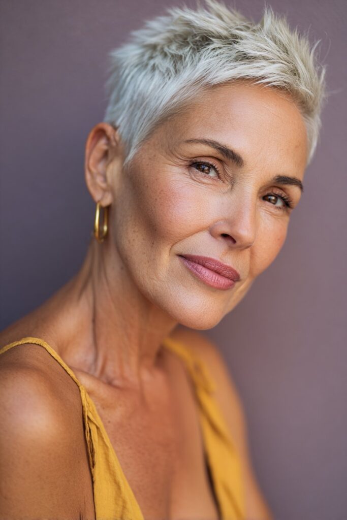 An American woman over 60 with a short spiky crop hairstyle, softly layered for volume and edge, smiling gracefully against a warm violet matte backdrop.