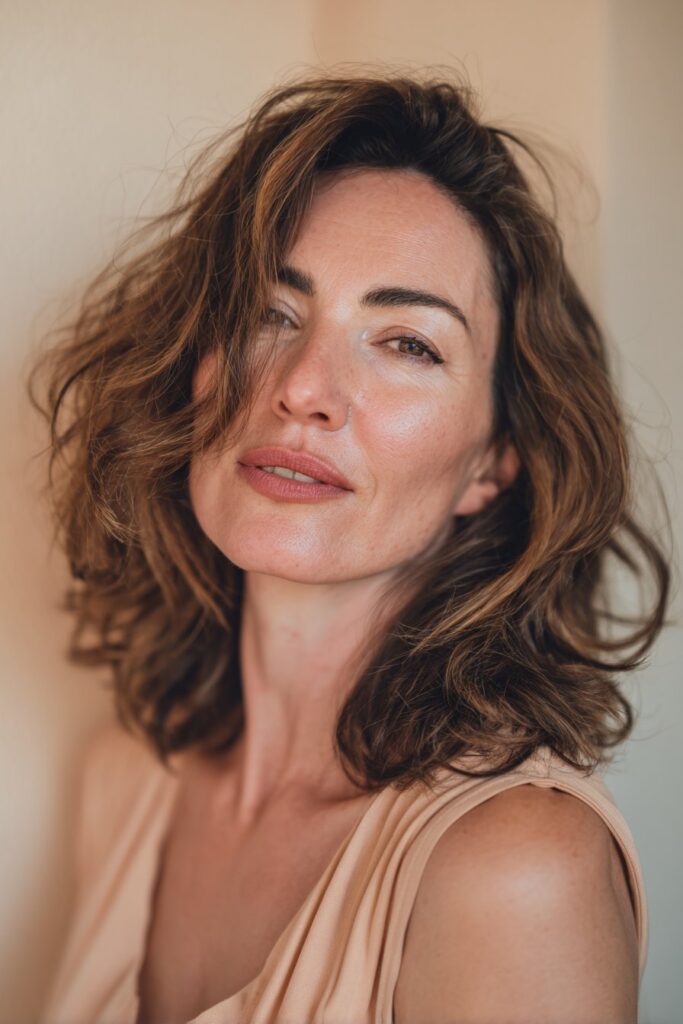 A vibrant elegant woman over 40 with a mature appearance, showcasing a Medium Length Hairstyle For Over 40 with soft tousled waves, featuring medium-length hair with effortless tousled waves, captured in a close-up shot focusing on the hair, photographed against a seamless pale blush backdrop with a smooth finish. She has subtle makeup with visible aging grace, a chic outfit, realistic hair texture with natural highlights, warm skin tone, and a confident smile, captured with soft natural lighting and an Instagram-style beauty vibe.