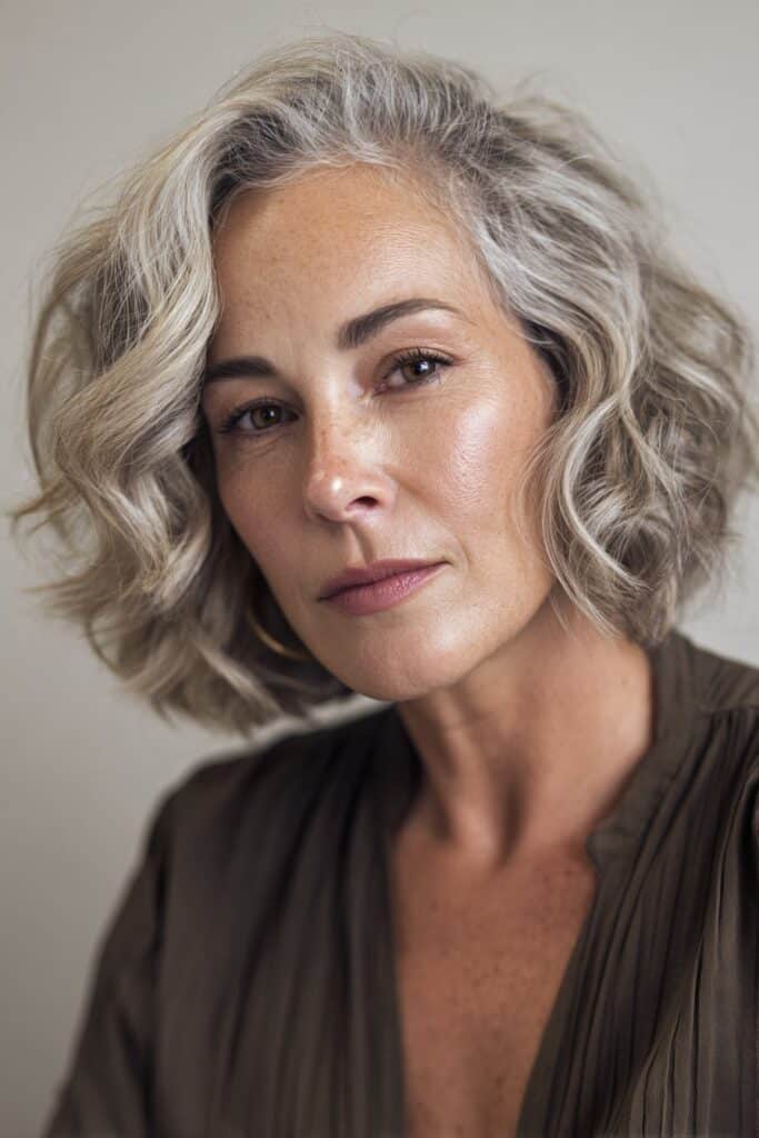 A close-up photo of an elegant American woman over 40 with a soft wavy bob in neutral blonde hairstyle, featuring realistic hair texture under soft natural lighting, subtle makeup, warm skin tone, confident expression, fully clothed in a chic outfit, in an Instagram-style beauty shot.