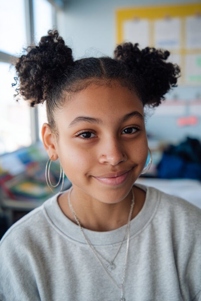 A young American woman with curly 4C hair styled into two playful space buns, wearing a pastel sweatshirt, smiling in a bright classroom background, perfectly representing a school-friendly curly hairstyle.
