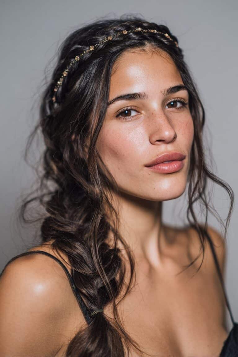 A close-up photo of a young elegant American woman with a delicate braided headband shimmering with crystal accents – headband hairstyles with braids series.
