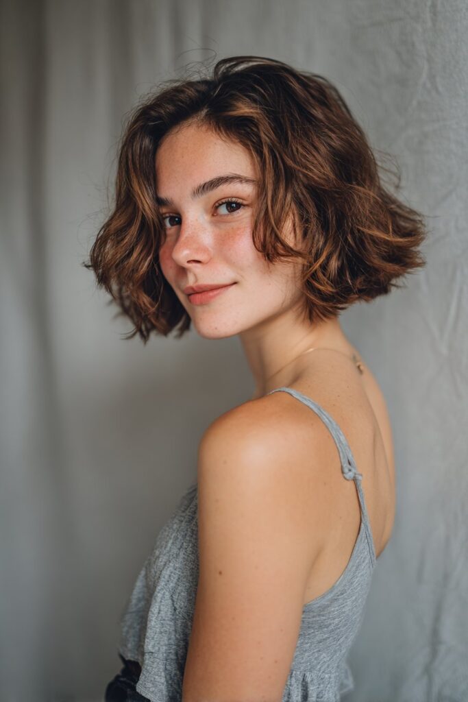 A stacked short bob choppy haircut with lifted back layers and textured ends throughout. The stacking creates height and structure, while the choppy finish adds contemporary movement and sharp detail.