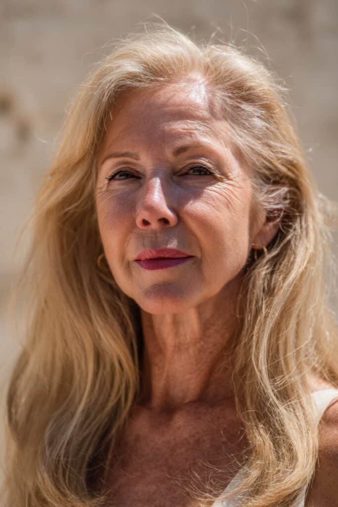 A woman over 50 with a sunlit golden-blonde long shag, styled with soft movement and shine, against a smooth seamless background.