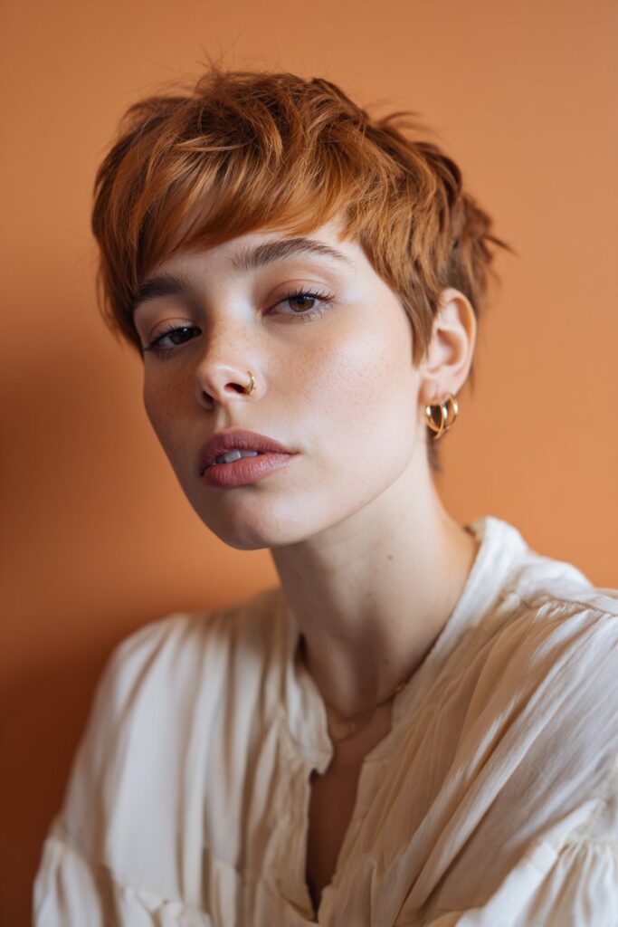 A short pixie cut paired with warm sunset-colored fringe and shaggy, choppy layers. The hair blends bold color with textured pieces, giving the haircut a vibrant, artistic, and softly tousled finish