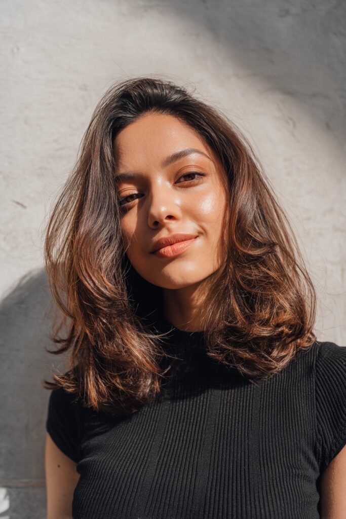 A graceful American woman in her 20s with medium-length swoopy layers, styled for smooth movement and flow, softly lit against a warm amber silky background.