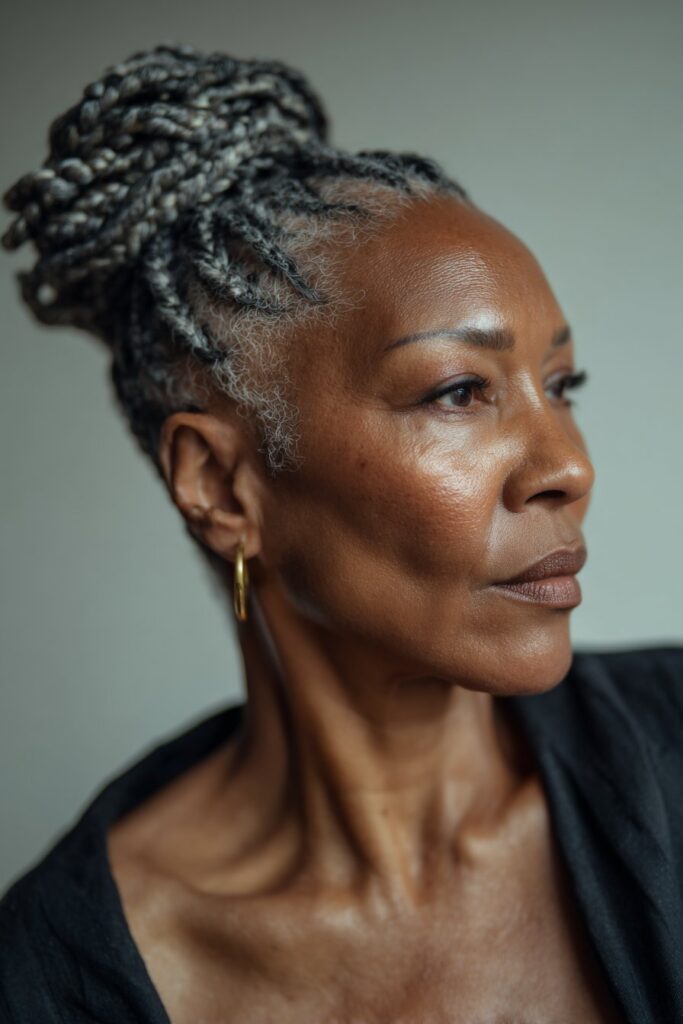 A close-up photo of an elegant Black American woman over 50 with a tapered braided mohawk hairstyle, featuring realistic hair texture under soft natural lighting, subtle makeup, dark skin tone, confident expression, fully clothed in a chic outfit, in an Instagram-style beauty shot.