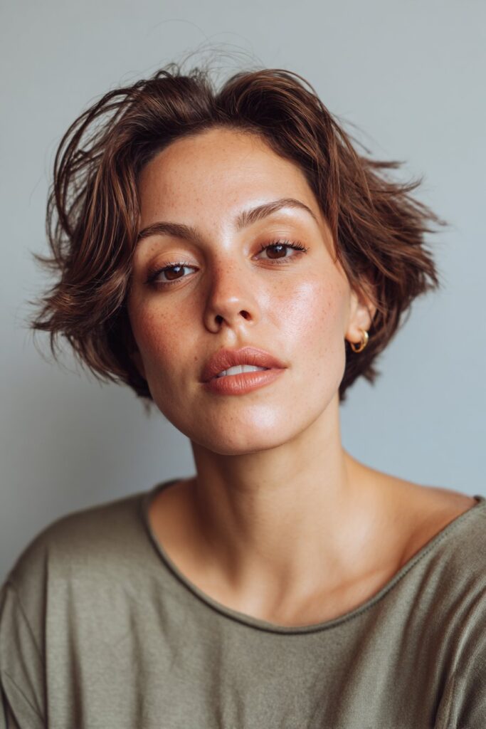 A tapered short shag haircut featuring subtle sideburn pieces and uneven choppy layers that add softness to the jawline. The style has a structured yet shaggy effect with lightweight texture throughout.